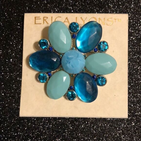 ‎Erica Lyons Colorful Aqua Rhinestone Brooch vtg - Picture 1 of 1